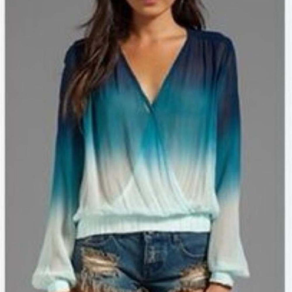 Young Fabulous & Broke Teal Ombre V-Neck Silk Chiffon Cropped Blouse